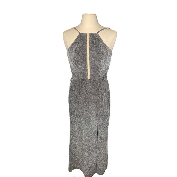 La Femme Metallic Shimmery Formal Gown High Slit Low Back Silver 0 Sexy HoCo - Picture 1 of 7